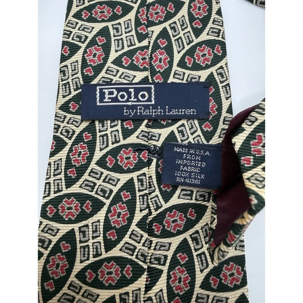 Vintage Polo Ralph‎ Lauren Tie USA Green Geometric Floral Wide 100% Silk Necktie